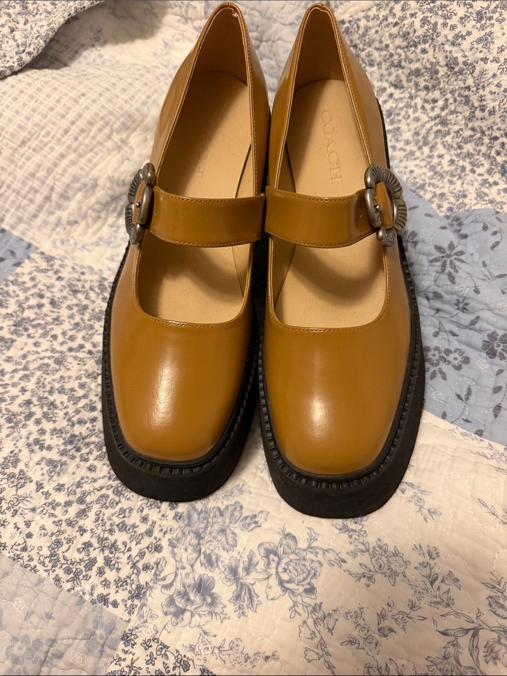 Coach Cognac Leather Mary Jane Loafers with Decorative Buckle